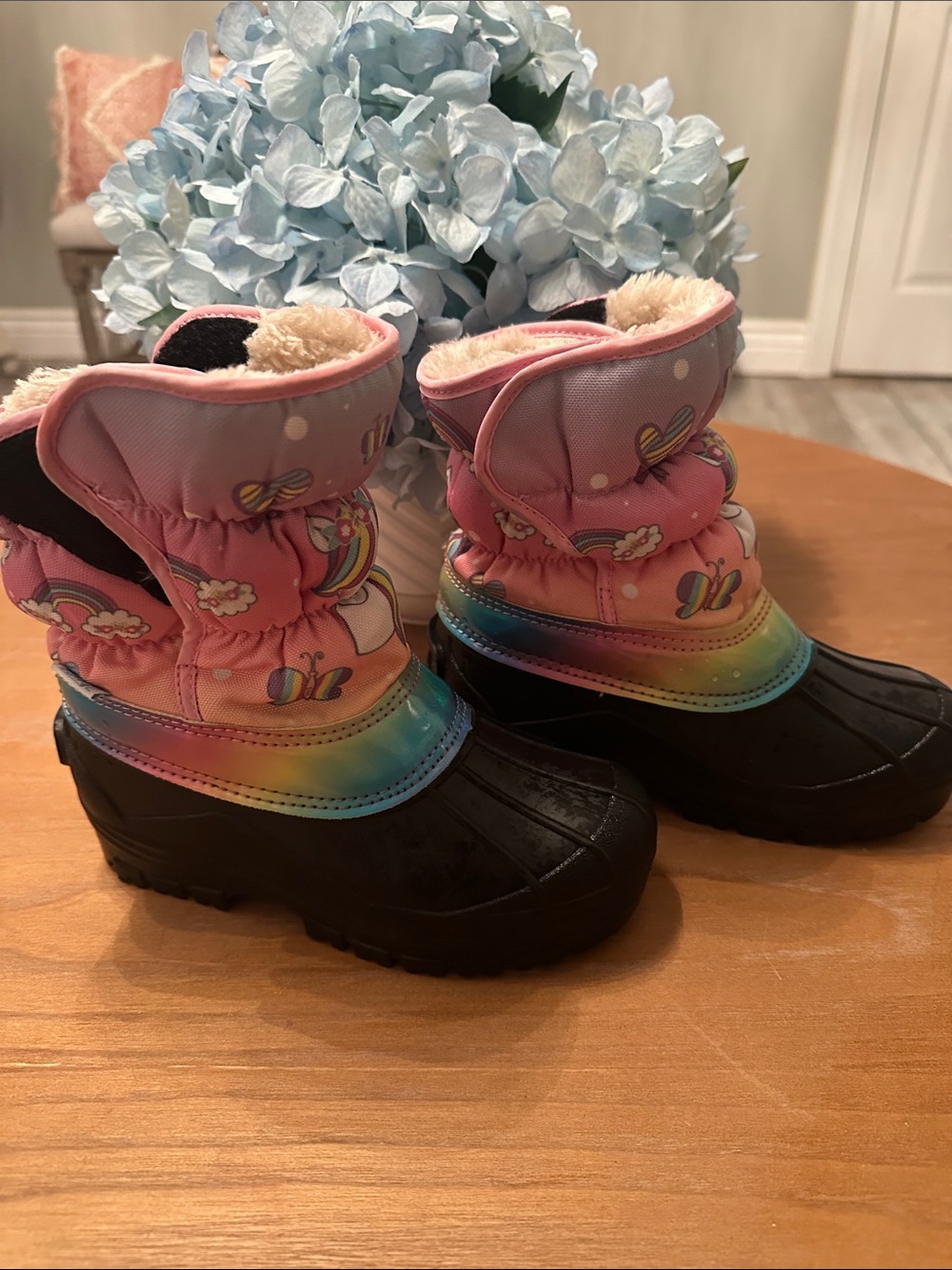 Kids Pink Rainbow Winter Boots with Faux Fur Lining